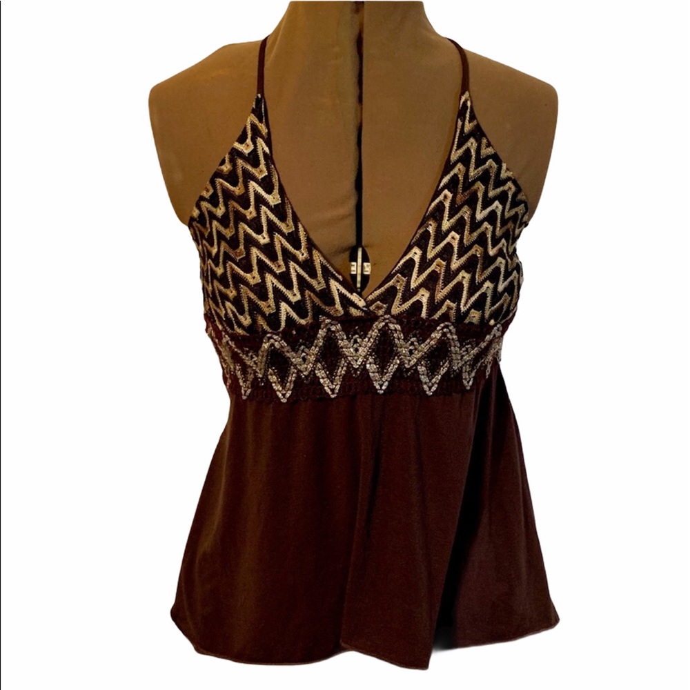 OBE Brown Pattern & Gold Embroidery Accents Around Sexy Neck Halter Top